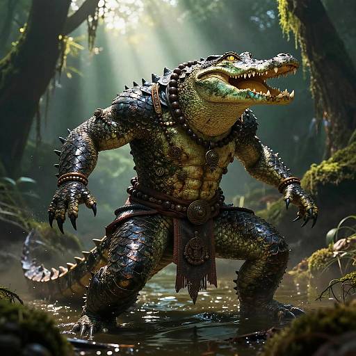 CGI image of a muscular, armored, anthropomorphic crocodile with sharp teeth, standing in a forest stream, sunlight filtering through trees.
