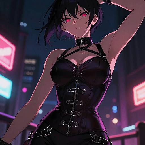 Digital anime-style illustration of a fierce, black-haired woman with glowing red eyes, wearing a black leather corset with metal buckles, in a neon