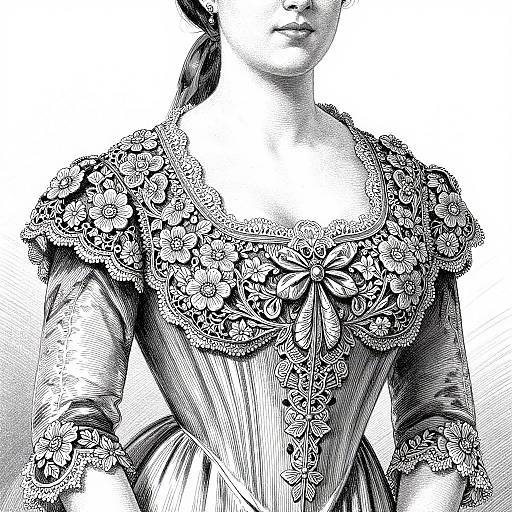 Black-and-white digital drawing of a woman's upper body, wearing an ornate, floral-embellished off-shoulder dress with detailed lace