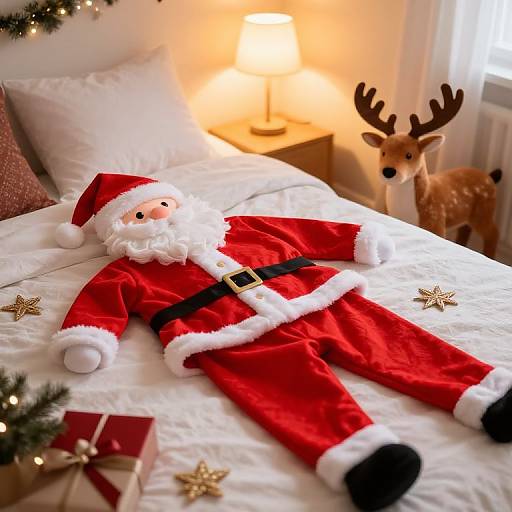 Photograph of a Santa Claus stuffed toy lying on a white bed, beside a deer figurine, with a lit lamp and Christmas decor in the background