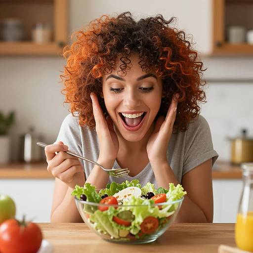 Photograph of a curly-haired, smiling woman with light brown skin, eating colorful salad with fork, hands on cheeks, in bright kitchen.