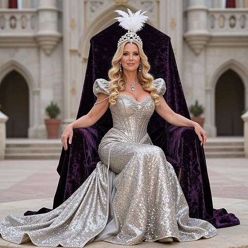 Photograph of a blonde woman with wavy hair, wearing a sparkling silver gown and white tiara, seated on a black velvet throne in front of