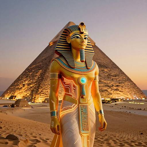 Photograph of a golden, intricately decorated Egyptian statue with a nemes headdress, standing in front of the illuminated Great Pyramid at sunset.