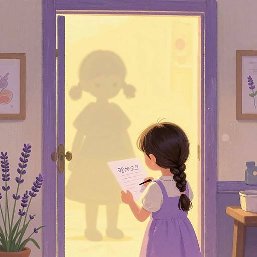 Digital drawing of a young girl with a braid, wearing a purple dress, writing on a paper at a brightly lit door. Silhouetted