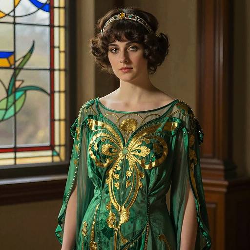 Photograph of a young woman with short, curly brown hair wearing a green, gold-embellished, sheer dress with a headband, standing