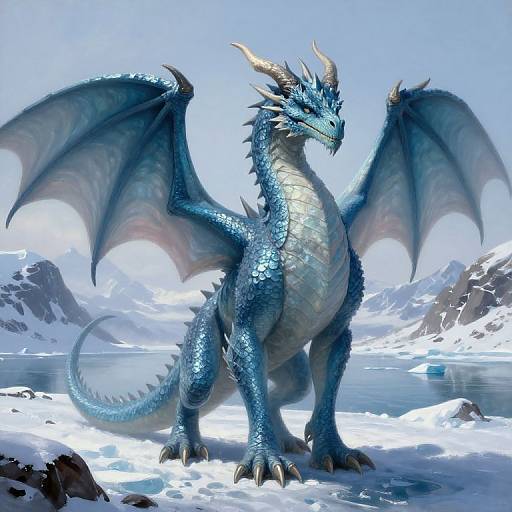 Digital artwork of a majestic blue dragon with shimmering scales, large wings, and horns, standing on snowy mountain terrain by a frozen lake.