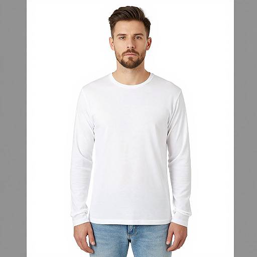 Photograph of a bearded man with short dark hair, wearing a plain white long-sleeve shirt and blue jeans, standing against a plain white