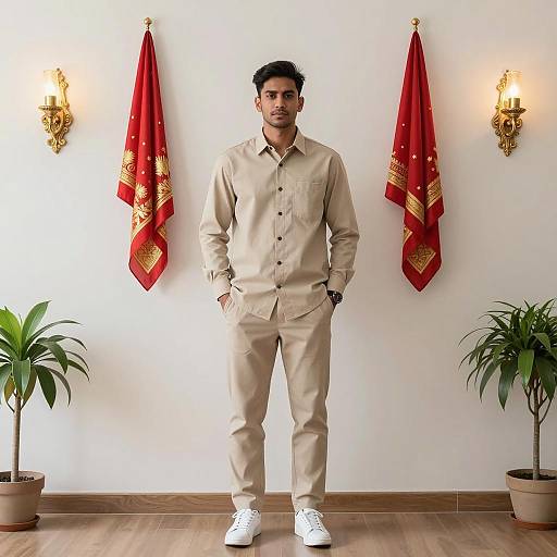 Man in Beige Outfit Standing Indoors