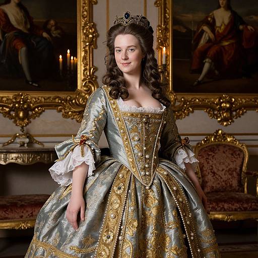 Photograph of a fair-skinned woman with curled brown hair, wearing an ornate, silver and gold Renaissance-style gown and jeweled crown, standing