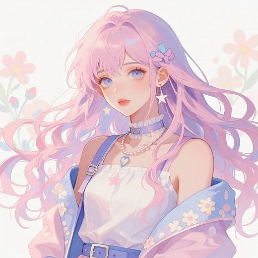 Digital anime-style drawing of a pink-haired girl with blue eyes, wearing a white floral dress, blue jacket, flower hairpin, star earrings, and