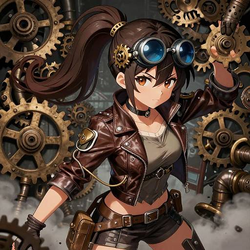 Anime-style digital artwork of a determined brown-haired girl with goggles, leather jacket, and black shorts, surrounded by large, intricate gears.