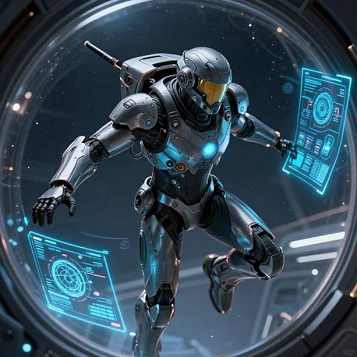 CGI image of a futuristic, silver and black robotic astronaut with glowing blue lights, floating in a space station's circular window, interacting with holographic
