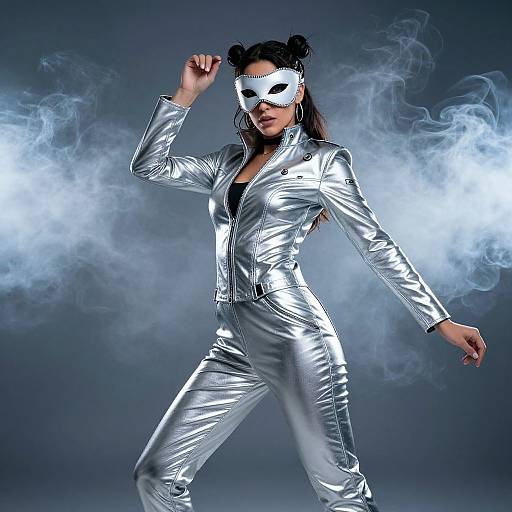 Photograph of a confident woman in a silver, metallic jumpsuit and white mask, standing amidst swirling smoke, posing with a hand raised.