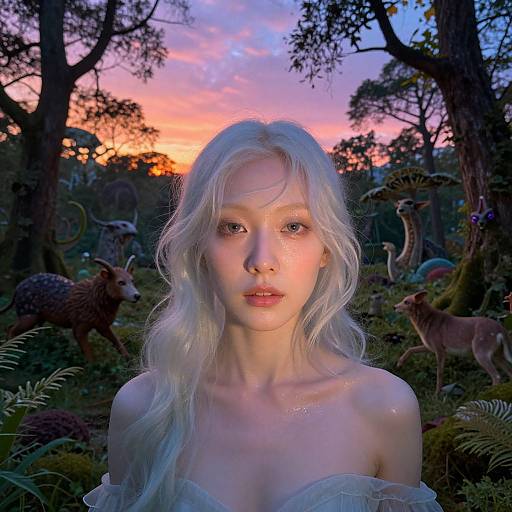 Photograph of a pale, ethereal woman with long white hair, standing in a vibrant, fantasy forest at sunset, surrounded by mystical creatures and lush