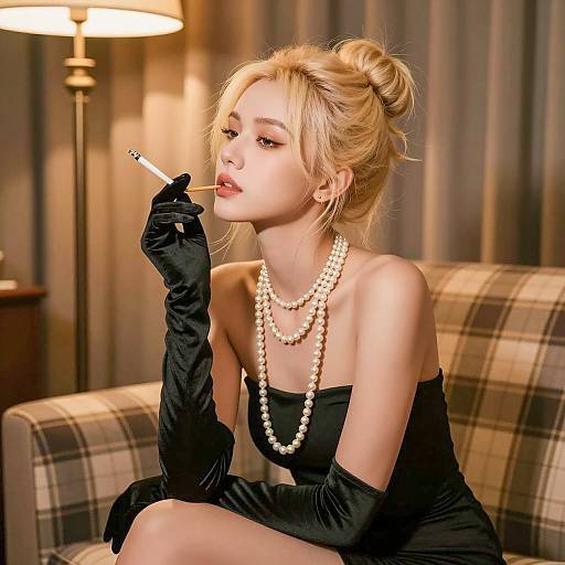 Elegant Blonde in Black Dress Setting