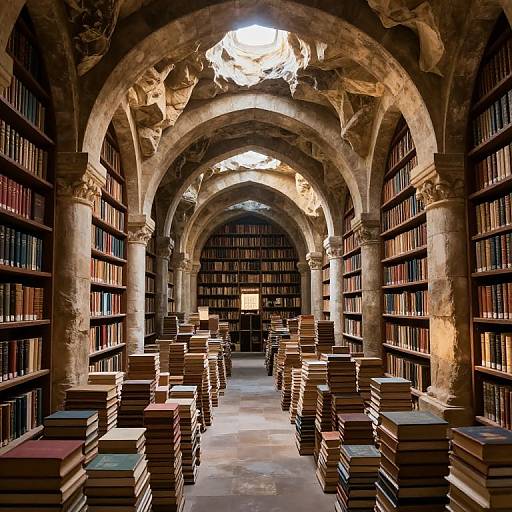 Photograph of a dimly lit, ancient library with arched stone ceilings, tall wooden bookshelves, and stacks of colorful books lining the ais