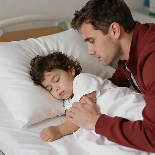 Father Holding Sleeping Child in Hospital