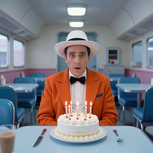 Photograph of a surprised man in an orange suit, black bow tie, white hat, sitting at a diner table with a candlelit cake.