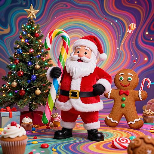 Photograph of a smiling Santa Claus with a candy cane, standing beside a gingerbread man, in front of a colorful, swirling, Christmas-themed background