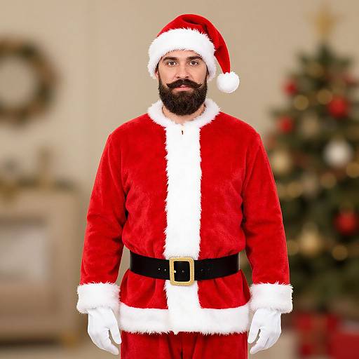 Photograph of a bearded man with a serious expression, wearing a red Santa suit with white fur trim, black belt, and Santa hat, standing