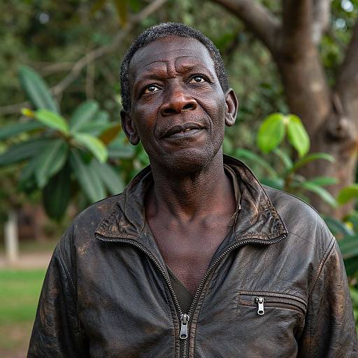Photograph of a middle-aged, dark-skinned African man with short hair, wearing a worn, unzipped black leather jacket, standing outdoors in