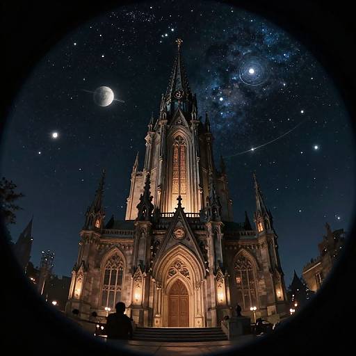 Photograph of a Gothic-style cathedral at night, illuminated by warm lights, with a starry sky and a crescent moon above. Silhouet