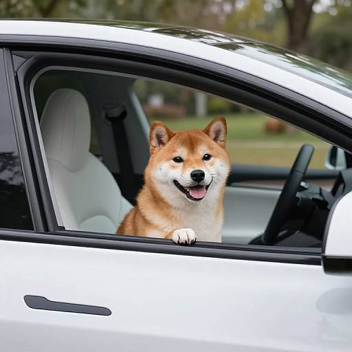 Photograph of a happy, brown-and-white Shiba Inu dog sticking its head out of a white car window, tongue out, with a blurred