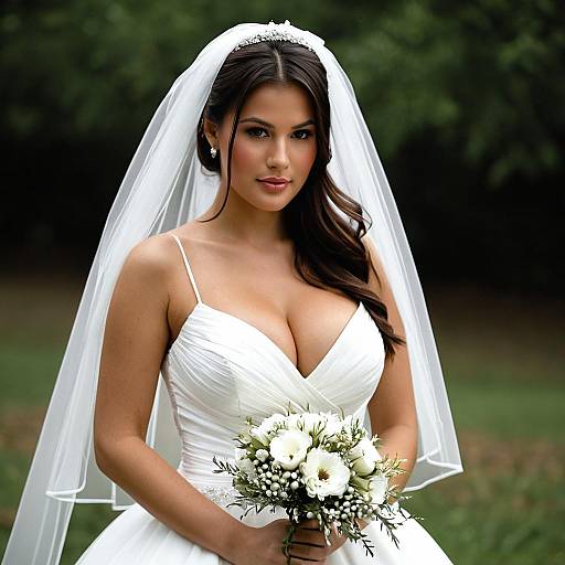 Brunette Bride in White Wedding Dress with Bouquet