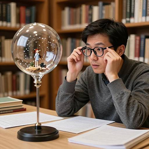 Photograph of an East Asian man with black hair and glasses, wearing a gray sweater, examining a snow globe with a tiny figure, in a library