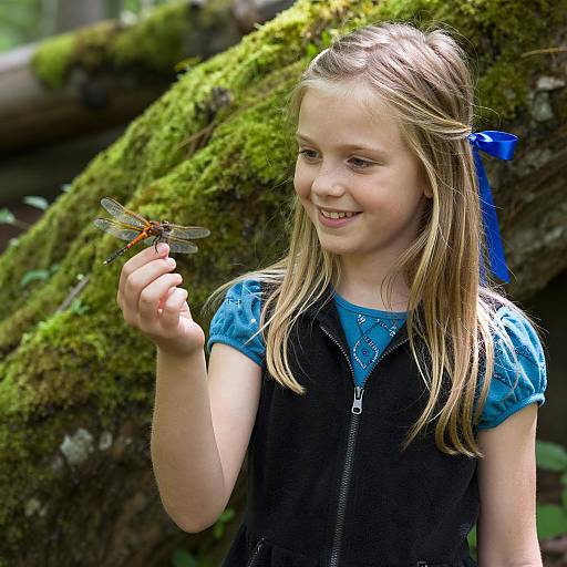 Girl with Dragonfly in Lush Forest