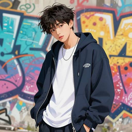 Anime-style photograph of a young man with messy black hair, wearing a black hoodie, white t-shirt, and black pants, standing against colorful graffiti backdrop