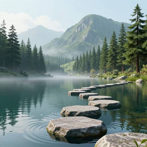 Photograph of a serene mountain lake with mist, surrounded by pine trees, and a stone stepping path leading into the water.