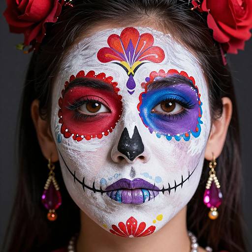Photograph of a woman with white face paint, colorful sugar skull makeup, red and purple eye shadow, black nose, purple lips, red and blue