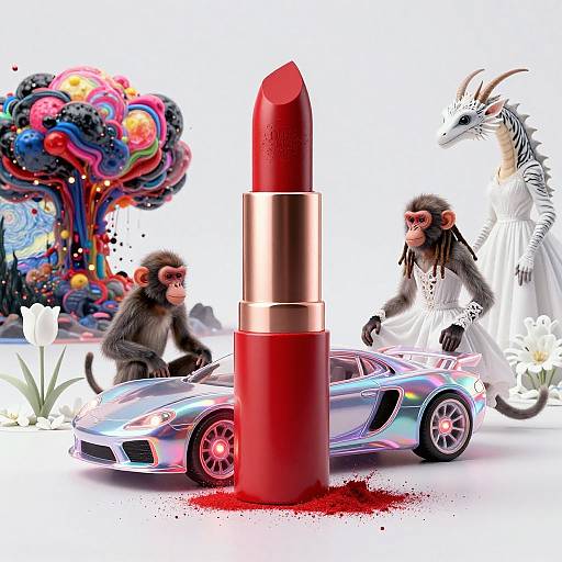 Digital artwork: Two monkeys and a white dragon surround a red lipstick tube and a silver sports car, with a colorful, abstract tree in the background.