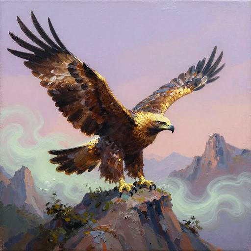 Digital painting of a majestic golden-brown eagle with outstretched wings, standing on a rugged mountain peak against a pastel sky with swirling mist.