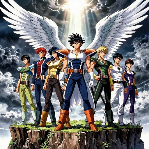 Digital anime artwork of six muscular warriors with angel wings standing on a cliff, under a bright, sunlit, stormy sky.