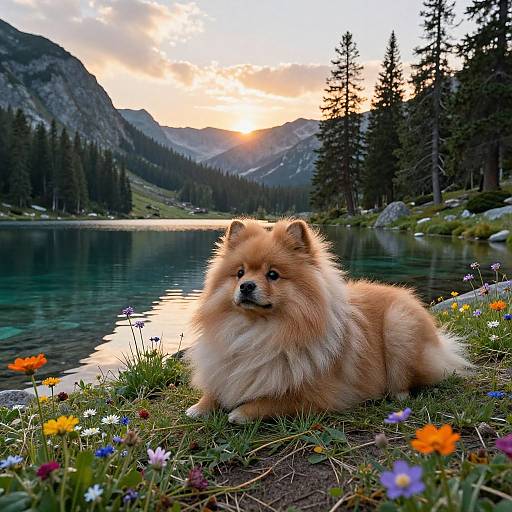 Photograph of a fluffy, tan Pomeranian lying on a flower-strewn lakeshore at sunset, surrounded by pine trees and mountains.
