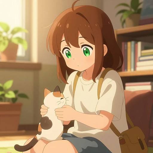 Cozy Anime Girl with Kitten