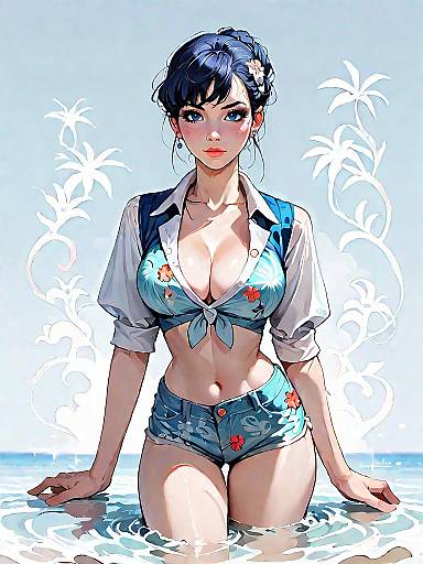 Anime Style Girl in Floral Bikini at Beach