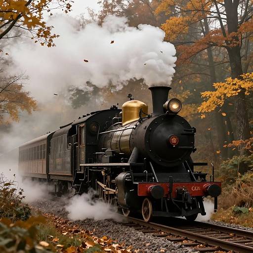 Photograph of a vintage black steam locomotive, emitting white smoke, chugging through an autumn forest with orange leaves and gravel path.
