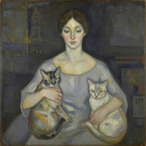Expressionist painting of a fair-skinned woman with brown hair, wearing a white dress, holding a calico and a white cat against a dark,
