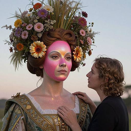 Photograph of a woman with pink, glittery mask, elaborate floral headdress, Renaissance dress, and curly-haired woman gazing at her. Sunset