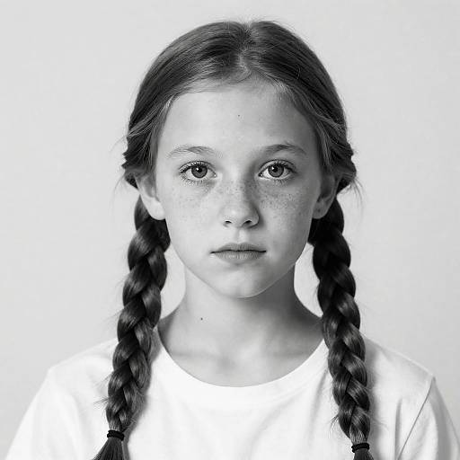 Black and White Portrait of Young Girl with Braids