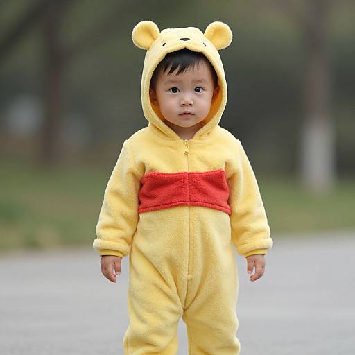 Photograph of a young Asian boy with short black hair, wearing a yellow Winnie the Pooh onesie with a red belly, standing outdoors on