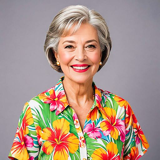 Cheerful Elderly Woman in Hawaiian Luau Outfit Cheerful Elderly Woman in Hawaiian Luau Outfit