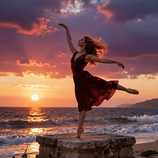 Photograph of a dancer in a flowing red dress, mid-leap on a stone platform, against a vibrant sunset over the ocean.