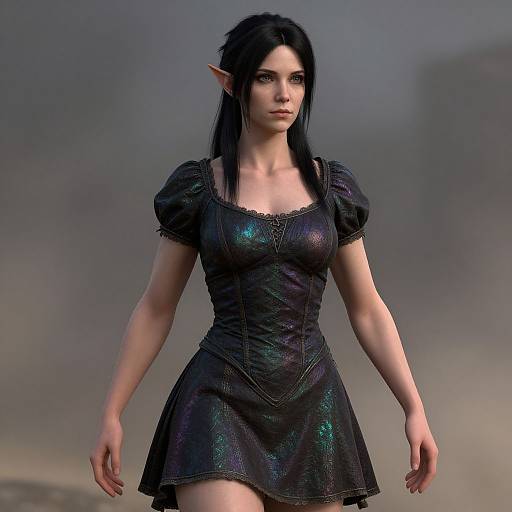 CGI elf woman with pale skin, long black hair, pointed ears, wearing a dark, iridescent, short-sleeved dress, standing