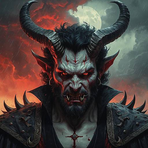 Angry Devil with Huge Horns in Bloody Sky