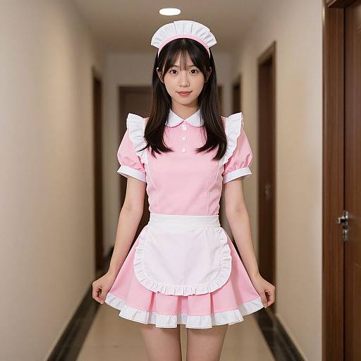 Photograph of an Asian woman in a pink and white maid outfit with a frilled apron and headpiece, standing in a long, dimly