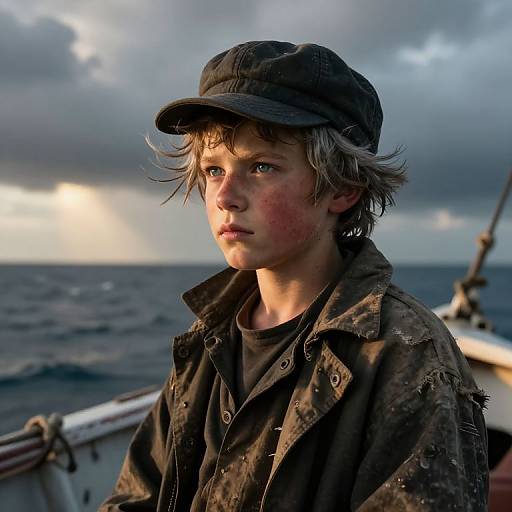 Photograph of a young boy with wind-swept blonde hair, red-cheeked, wearing a dirty black cap and jacket, standing on a